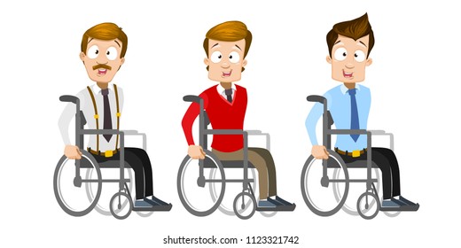 Vector cartoon set of office workers in business clothes. Characters sitting in wheelchair. Vector illustration in cartoon flat style, isolated on a white background.
