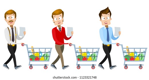 Vector cartoon set of office workers in business clothes. Characters wish shop list pushing supermarket shopping cart full of groceries. Vector illustration in cartoon flat style, isolated on a white 