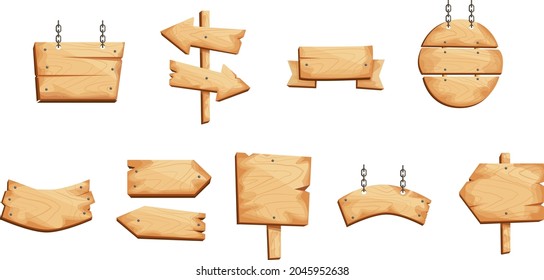 Vector cartoon set of old wooden panels, square and round wooden boards and direction signs isolated on a white background. Wooden signs, boards and signs in different shapes, arrows.