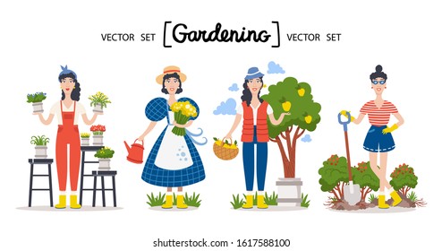 Vector cartoon set on the theme of garden, gardener and agriculture. Colorful flat design. Smiling women are working on the ground, looking after flowers, taking a harvest