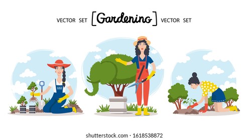 Vector cartoon set on the theme of garden, gardener and agriculture. Colorful flat design. Smiling women are working on the ground, weeding garden beds, cuting trees, planting seedlings