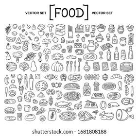 Vector cartoon set on the theme of food. Isolated doodles of fruits, vegetables, bakery products, meat, sausage, grocery on white background. Hand drawn elements