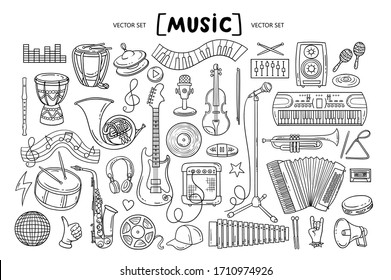 Vector cartoon set on the theme of music. Isolated doodles of musical instruments and symbols on white background. Line art