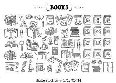 Vector cartoon set on the theme of literature and books. Isolated doodles on white background. Line art