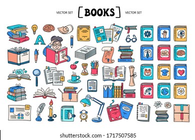 Vector cartoon set on the theme of literature and books. Isolated colorful doodles on white background. Line art