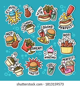Vector cartoon set on the theme of fast food. Colorful stickers with burgers, noodles, cupcakes, drinks, donuts, pizza, sauce. Doodles for use in design