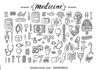 Vector cartoon set on the theme of medicine, human organs, anatomy. Isolated hand drawn doodles, icons. Treatment, health and healthcare symbols. Line art for use in design