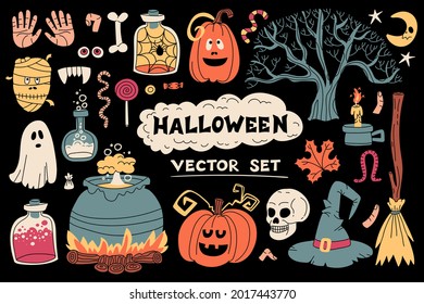 Caricatura vectorial sobre el tema de Halloween con ilustraciones planas de calabazas, fantasmas, dulces, pociones, huesos, cráneo. Dibujos coloridos para su uso en el diseño