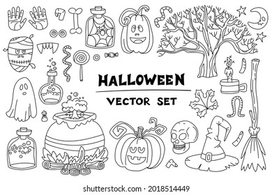 Vector cartoon set on the theme of Halloween. Isolated doodles of pumpkins, ghosts, sweets, candle, potions, bones, skull for use in design