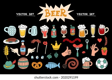 Vector cartoon set on the theme of beer. Flat isolated sketches of glasses with beer, food, sausage, wheat, hops for use in design