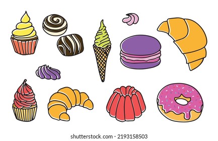 Vector cartoon set on the theme of food. Isolated colored doodles of sweet on white background. Hand drawn elements