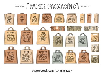 Vector cartoon set with paper packaging. Isolated bags and boxes for food delivery on white background. Hand drawn doodles for use in design