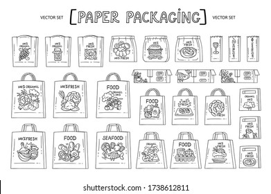 Vector Cartoon Set mit Papierverpackung. Einzelne Beutel und Schachteln für die Lieferung auf weißem Hintergrund. Handgezogene Doodles für den Einsatz im Design. Line Art