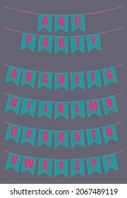 Vector Cartoon Set Of Party Flags Of The Latin Alphabet. No Abc Uppercase Letters For Decoration Of Party, Holidays, Celebrations, Etc. Cute Polka Dot Pattern.