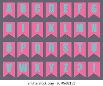 Vector Cartoon Set Of Party Flags Of The Latin Alphabet. No Abc Uppercase Letters For Decoration Of Party, Holidays, Celebrations, Etc. Cute Polka Dot Pattern.