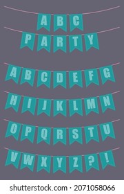 Vector cartoon set of party flags of the Latin alphabet. No abc uppercase letters for decoration of party, holidays, celebrations, etc. Cute polka dot pattern.