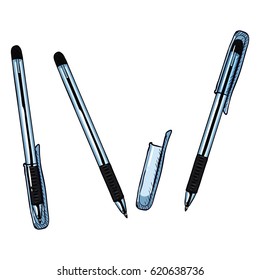 Vector Cartoon Set of Pens. Ballpoint Pens with Caps Variations on White Background