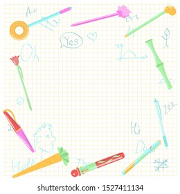 Vector cartoon set of pens on a sheet of paper, from which the frame is decorated. Abstract children's drawings are depicted in the background. The context is stationery.