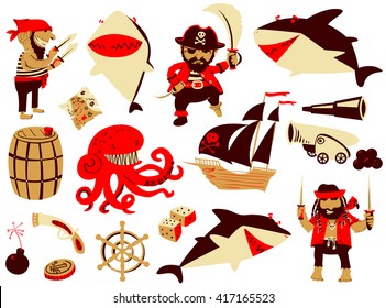Vector cartoon set with pirate and shark characters and nautical objects