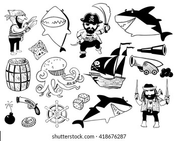 Vector cartoon set with pirate and shark characters and nautical objects