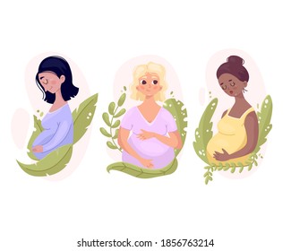 Vector cartoon set. pregnant woman in different poses with plants. cute illustration about pregnancy and motherhood. 