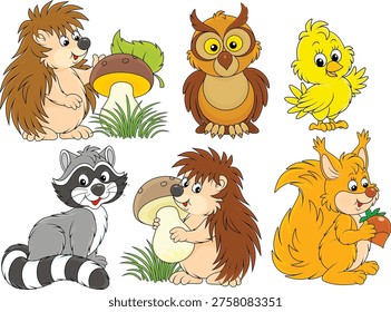 Vector cartoon set of prickly hedgehogs with mushrooms, a funny raccoon, an owl, a chick and a squirrel