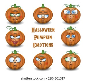 Vector cartoon set of pumpkin emotions for Halloween. Joy, anger, surprise and indifference. Icons or stickers
