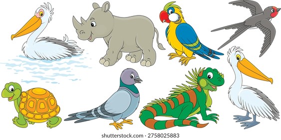 Vector cartoon set of a rhino, a turtle, a parrot, an iguana, a pelican, a martin and a pigeon