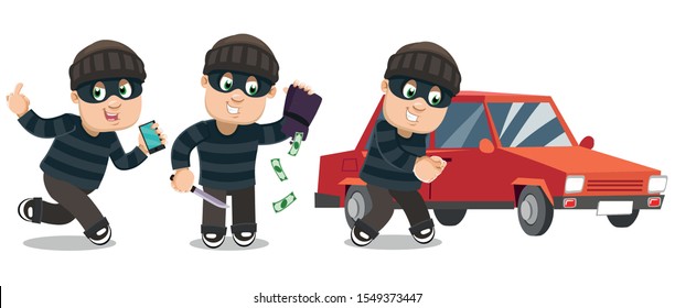 Vector cartoon set with robber, burglar in black eye mask in different situations. Thief, cracksman running away with stolen smartphone, keeping knife and wallet, cracking lock of car.