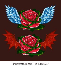 Vector cartoon set of roses with demon and angel wings, vector illustration isolated on dark background