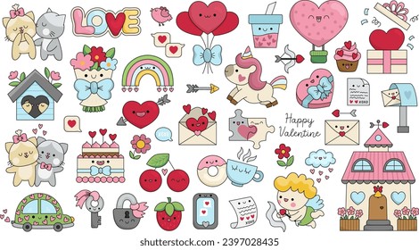 Vector cartoon set of Saint Valentine day elements with cupid, unicorn, hearts, cats, rainbow, perfect match. Cute funny kawaii line illustrations or icons for kids with love concept
