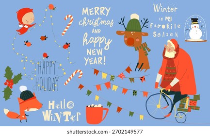 Vector Cartoon Set With Santa Claus and Christmas Elements