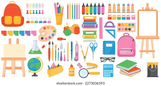 Vector cartoon set of school stationery. A variety of bright educational elements for your design. The concept of study and work.