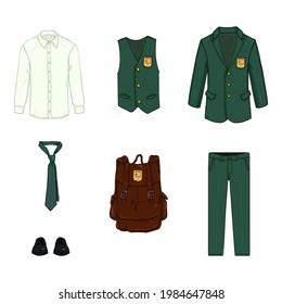 Vector Cartoon Set of School Uniform Clothes and Accessories. Green Suit, Black Shoes and Brown Backpack.