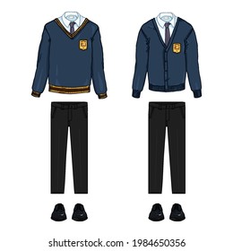 Vector Cartoon Set of School Uniform Clothes. Blue Cardigan and Pullover, Black Trousers and Shoes.