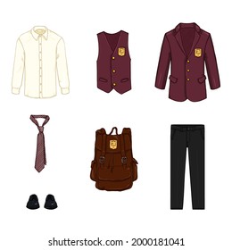 Vector Cartoon Set of School Uniform Clothes and Accessories.