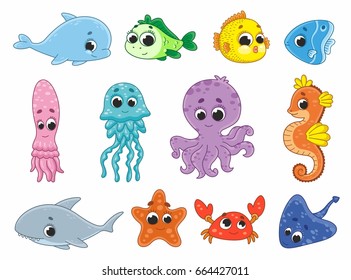 Dibujo vectorial con animales marinos. Animales marinos divertidos. Ilustración de vectores para niños