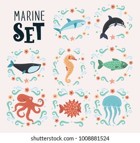 Vector cartoon Set of sea creatures decorated with flower. Cute marine animals in decorative style. on isolated background.