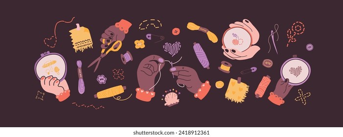 Vector cartoon set with sewing tools elements. Hands holding a needle and thread, hands with an embroidery hoop, hand holding scissors. Elements for advertising of hobby shops. Scandinavian style.