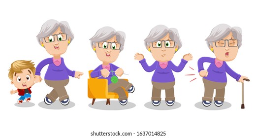 Vector cartoon set with silver haired aged woman in different mood and poses. Old spectacled lady walking with grandson, knitting in armchair, is upset, suffering from rheumatism in back.