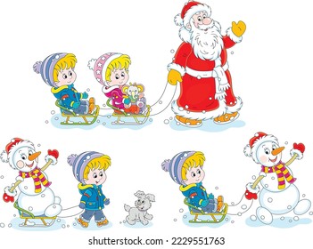 Vector cartoon set of sledding Santa Claus, a funny toy snowman and happy little kids with a merry small pup playing in a snowy park on winter vacation