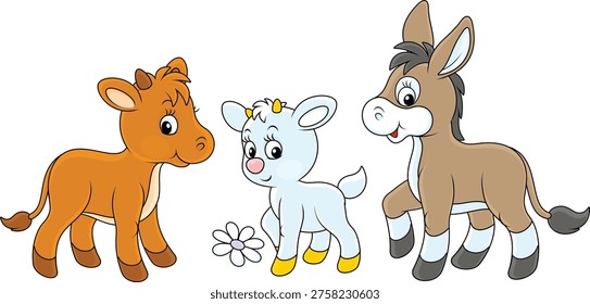 Vector cartoon set of small farm animals with a funny little kid, calf and burro