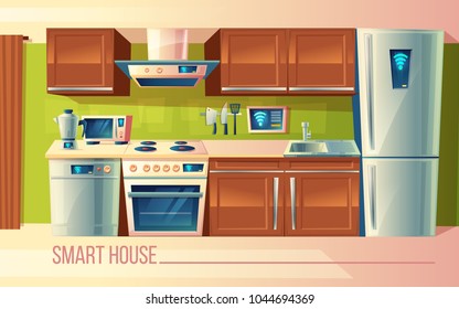 Vector cartoon set of smart house, wireless control of kitchen counter with appliances - washing machine, toaster, fridge, microwave, kettle, blender, stove. Management by smartphone, internet