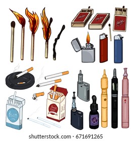 Vector Cartoon Set of Smoking and Vaping Items. Cigarettes, Matches, Lighters and Vapes.