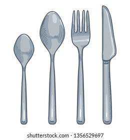 Vector Cartoon Set of Steel Cutlery. Knife, Fork, Spoon, Tea-spoon