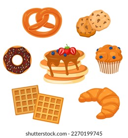 Vector cartoon set of sweet flour bakery products. Pancake, croissants are juicy elements of delicious food for your design. Eps 10.