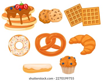 Vector cartoon set of sweet flour bakery products. Pancake, croissants are juicy elements of delicious food for your design. Eps 10.