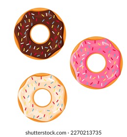 Juego de dibujos animados vectores de productos de panadería de harina dulce. Donuts. Agradables elementos de deliciosa comida para su diseño. Eps 10.