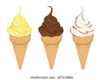 Vector cartoon set of three ice cream cones - vanilla, chocolate and cream with strawberry - illustration isolated on white background