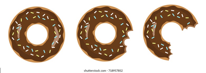 A vector cartoon set of three sweet chocolate donuts with sprinkle each one isolated on white background. The process of eating. You can use just one of them if you want.